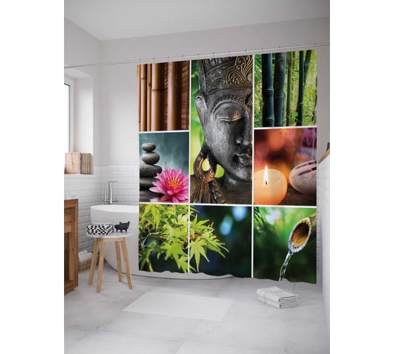 Штора (занавеска) для ванной JoyArty "Спокойствие буддиста" из сатена, 180х200 см с крючками, sc_12492 1