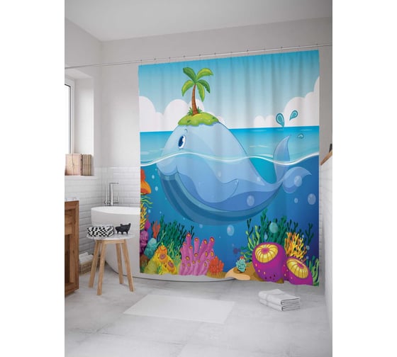 Штора (занавеска) для ванной JoyArty "Китовый остров" из сатена, 180х200 см с крючками, sc_15483 1