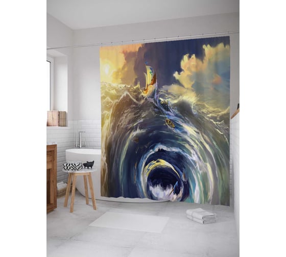 Штора (занавеска) для ванной JoyArty "Корабль в морском вихре" из сатена, 180х200 см с крючками, sc_12529 1