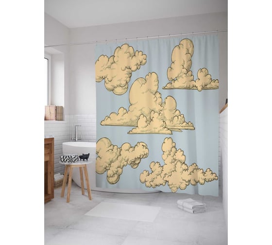 Штора (занавеска) для ванной JoyArty "Кудрявые облака" из сатена, 180х200 см с крючками, sc_16597 1