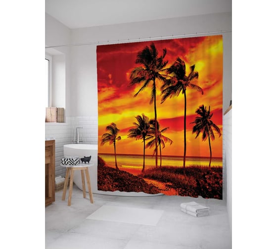 Штора (занавеска) для ванной JoyArty "Пламенный пляж" из сатена, 180х200 см с крючками, sc_12484 1