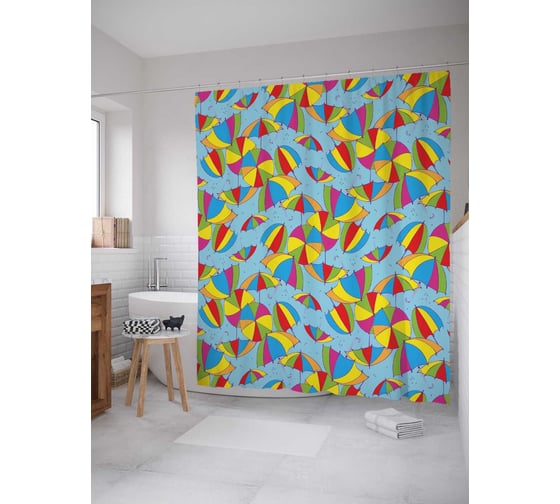 Штора (занавеска) для ванной JoyArty "Радуга на зонтах" из сатена, 180х200 см с крючками, sc_21356 1