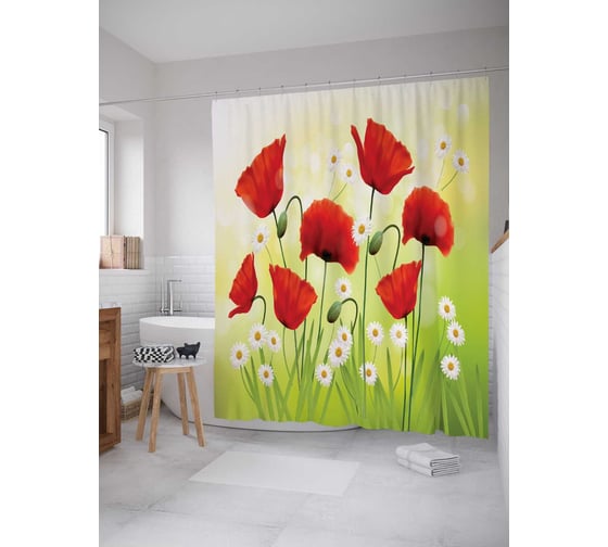 Штора (занавеска) для ванной JoyArty "Полевые цветы" из сатена, 180х200 см с крючками, sc_16558 1