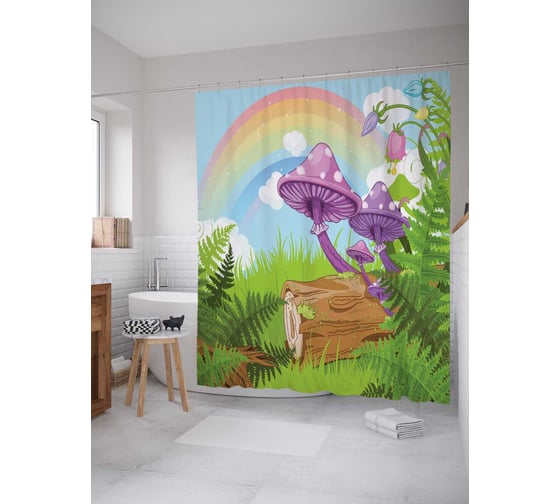 Штора (занавеска) для ванной JoyArty "Радужные грибы" из сатена, 180х200 см с крючками, sc_15981 1