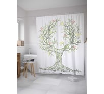 Штора (занавеска) для ванной JoyArty "Дерево с птицами" из сатена, 180х200 см с крючками, sc_12120