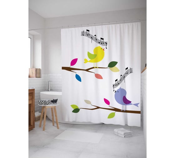 Штора (занавеска) для ванной JoyArty "Птички поют" из сатена, 180х200 см с крючками, sc_14275 1