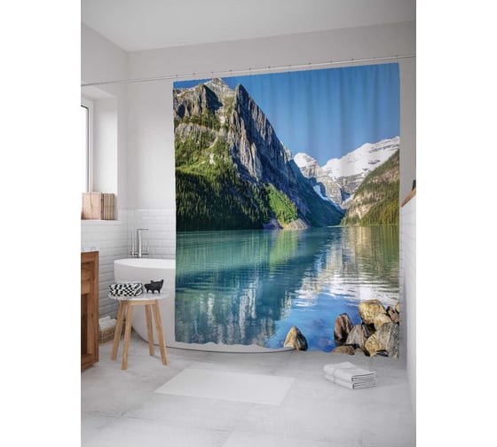 Штора (занавеска) для ванной JoyArty "Горный хребет над рекой" из сатена, 180х200 см с крючками, sc_15201