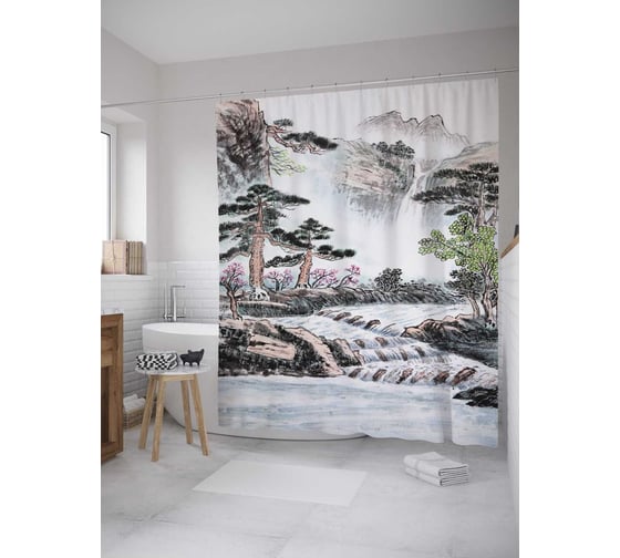 Штора (занавеска) для ванной JoyArty "Водопад в лесу" из сатена, 180х200 см с крючками, sc_10009 1
