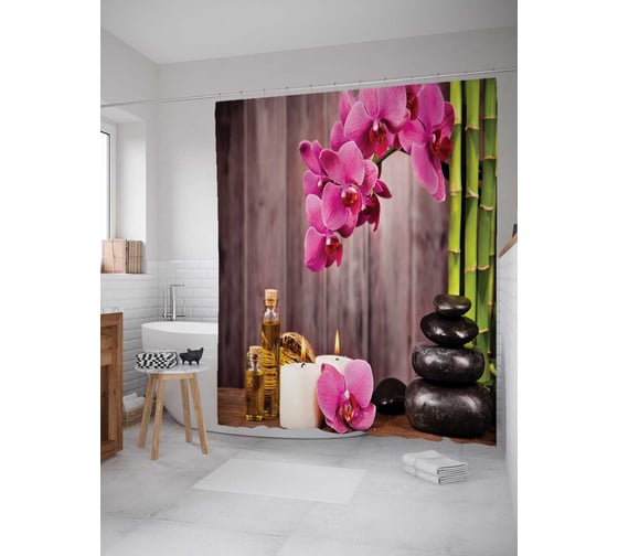 Штора (занавеска) для ванной JoyArty "Приготовление к массажу" из сатена, 180х200 см с крючками, sc_12497 1