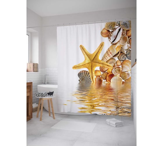 Штора (занавеска) для ванной JoyArty "Ракушки и морская звезда" из сатена, 180х200 см с крючками, sc_11823 1