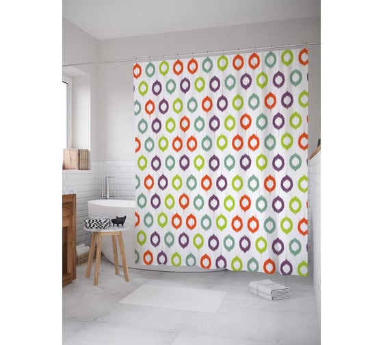 Штора (занавеска) для ванной JoyArty "Разукрашенные кольца" из сатена, 180х200 см с крючками, sc_14328 1