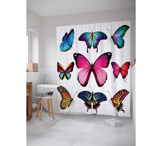 Штора (занавеска) для ванной JoyArty "Летящие бабочки" из сатена, 180х200 см с крючками, sc_13594 1