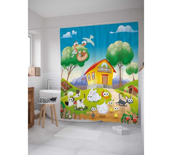 Штора (занавеска) для ванной JoyArty "Радостная ферма" из сатена, 180х200 см с крючками, sc_29542 1