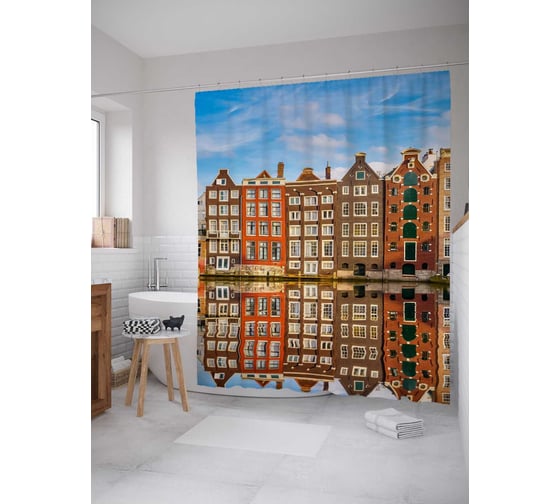 Штора (занавеска) для ванной JoyArty "Зеркальный квартал" из сатена, 180х200 см с крючками, sc_11781 1