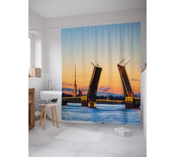 Штора (занавеска) для ванной JoyArty "Разведенный мост" из сатена, 180х200 см с крючками, sc_18058