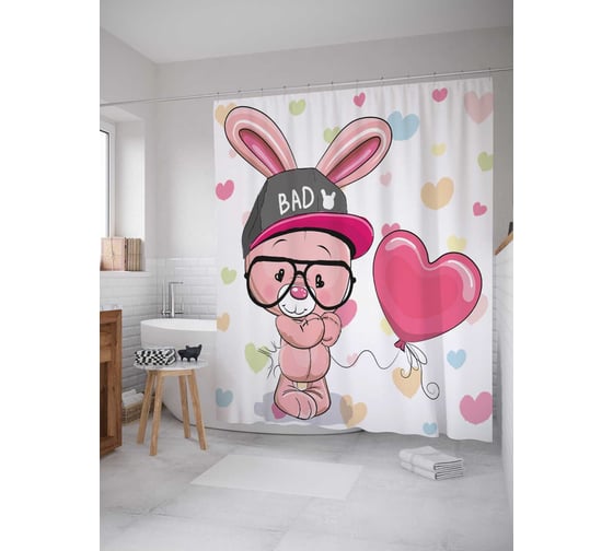 Штора (занавеска) для ванной JoyArty "Плохой зайчик" из сатена, 180х200 см с крючками, sc_15502 1