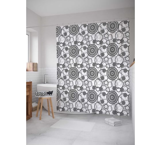 Штора (занавеска) для ванной JoyArty "Кольцевые узоры" из сатена, 180х200 см с крючками, sc_13544