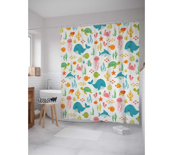 Штора (занавеска) для ванной JoyArty "Океанская фантазия" из сатена, 180х200 см с крючками, sc_15485 1
