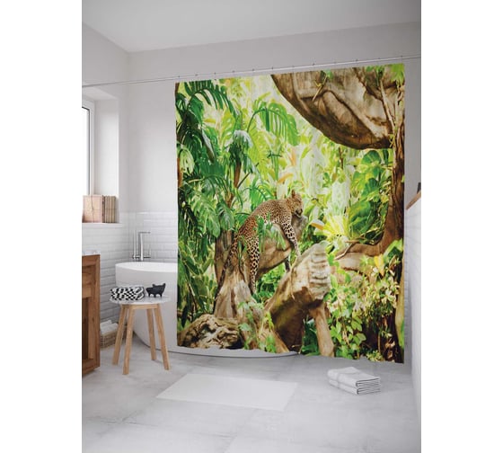 Штора (занавеска) для ванной JoyArty "Леопард на отдыхе" из сатена, 180х200 см с крючками, sc_14681 1