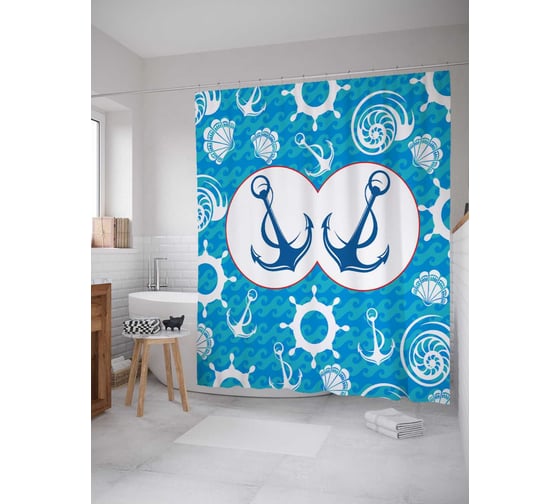 Штора (занавеска) для ванной JoyArty "Дублированный якорь" из сатена, 180х200 см с крючками, sc_12537 1