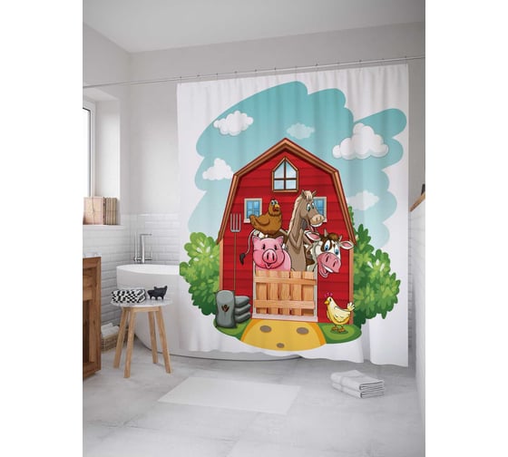 Штора (занавеска) для ванной JoyArty "Веселье на ферме" из сатена, 180х200 см с крючками, sc_15492 1