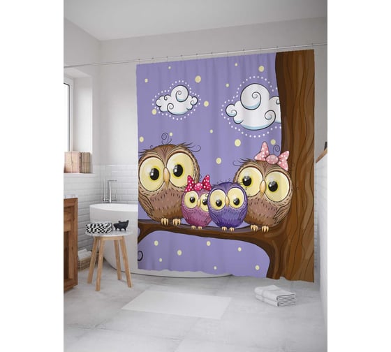 Штора (занавеска) для ванной JoyArty "Семья сов на дереве" из сатена, 180х200 см с крючками, sc_29455 1