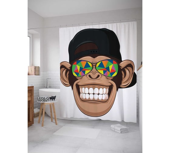 Штора (занавеска) для ванной JoyArty "Крутой шимпанзе" из сатена, 180х200 см с крючками, sc_15518 1