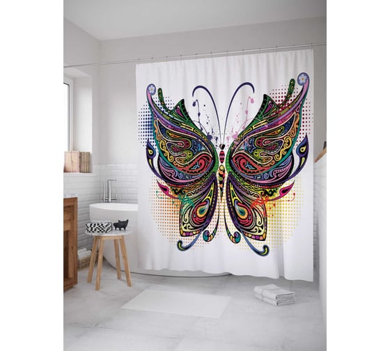 Штора (занавеска) для ванной JoyArty "Диско бабочка" из сатена, 180х200 см с крючками, sc_2954 1
