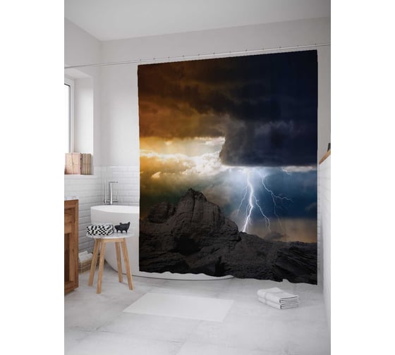 Штора (занавеска) для ванной JoyArty "Молния прячется за горами" из сатена, 180х200 см с крючками, sc_16313 1