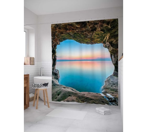 Штора (занавеска) для ванной JoyArty "Пещерная рамка" из сатена, 180х200 см с крючками, sc_14734 1