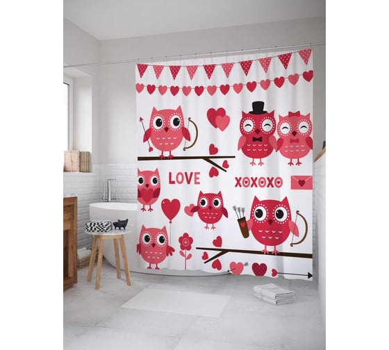 Штора (занавеска) для ванной JoyArty "Любовные совы" из сатена, 180х200 см с крючками, sc_14820 1