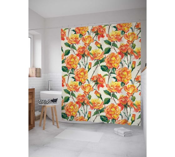 Штора (занавеска) для ванной JoyArty "Цветочная композиция" из сатена, 180х200 см с крючками, sc_14775 1