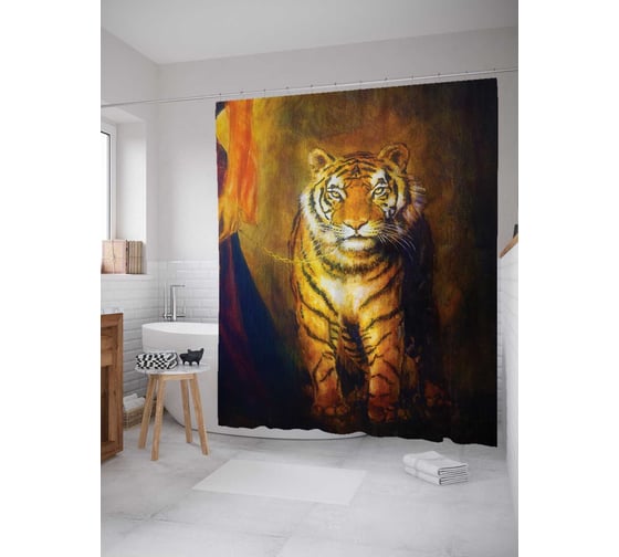Штора (занавеска) для ванной JoyArty "Покорный тигр" из сатена, 180х200 см с крючками, sc_12711 1