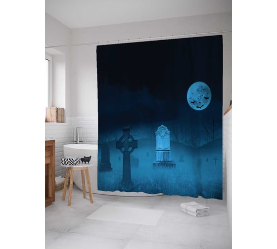 Штора (занавеска) для ванной JoyArty "Лунное кладбище" из сатена, 180х200 см с крючками, sc_15430 1
