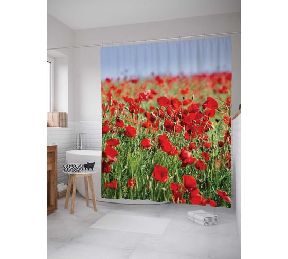 Штора (занавеска) для ванной JoyArty "Красные маки" из сатена, 180х200 см с крючками, sc_106000 1