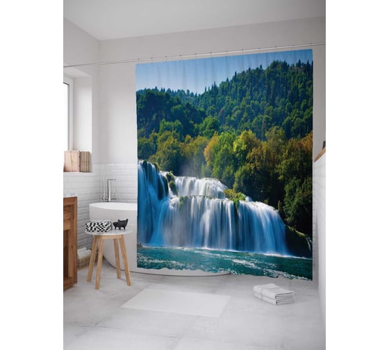 Штора (занавеска) для ванной JoyArty "Водопад на склоне" из сатена, 180х200 см с крючками, sc_14583 1