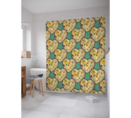 Штора (занавеска) для ванной JoyArty "Сердца в цветах" из сатена, 180х200 см с крючками, sc_14920 1