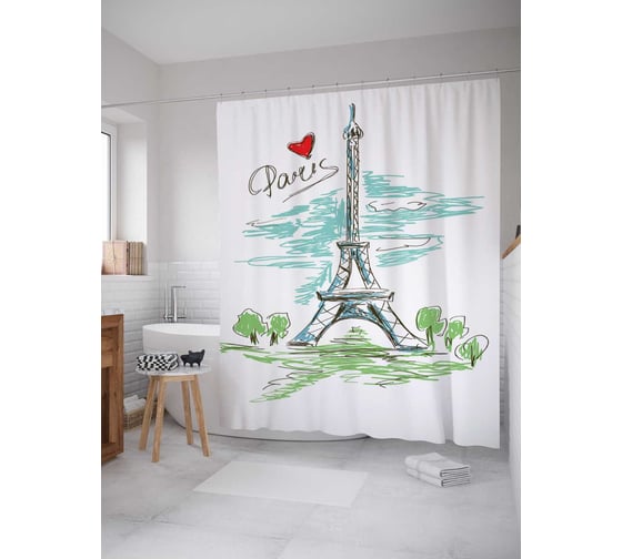Штора (занавеска) для ванной JoyArty "Любовь к Парижу" из сатена, 180х200 см с крючками, sc_15477 1