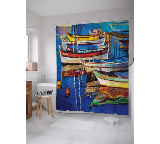 Штора (занавеска) для ванной JoyArty "Красочный причал" из сатена, 180х200 см с крючками, sc_15103 1