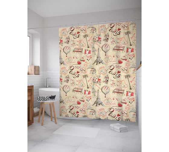 Штора (занавеска) для ванной JoyArty "Тепло Парижа" из сатена, 180х200 см с крючками, sc_12260 1