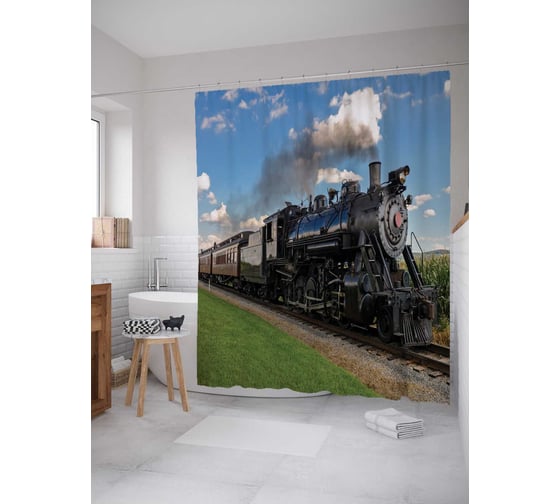 Штора (занавеска) для ванной JoyArty "Пассажирский поезд" из сатена, 180х200 см с крючками, sc_22395 1