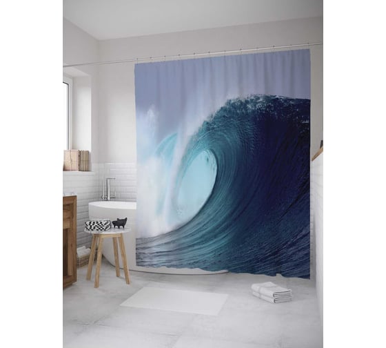 Штора (занавеска) для ванной JoyArty "Водный гребень" из сатена, 180х200 см с крючками, sc_10271 1