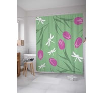 Штора (занавеска) для ванной JoyArty "Цветочный узор со стрекозами" из сатена, 180х200 см с крючками, sc_18325