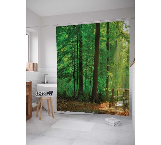 Штора (занавеска) для ванной JoyArty "Яркий лес" из сатена, 180х200 см с крючками, sc_10400 1