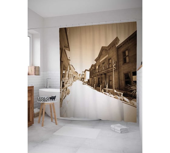 Штора (занавеска) для ванной JoyArty "Дорога к шерифу" из сатена, 180х200 см с крючками, sc_11924 1