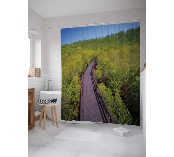 Штора (занавеска) для ванной JoyArty "Мост, ведущий в лес" из сатена, 180х200 см с крючками, sc_12146 1