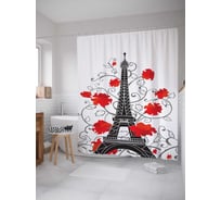 Штора (занавеска) для ванной JoyArty "Алые цветы и париж" из сатена, 180х200 см с крючками, sc_2279