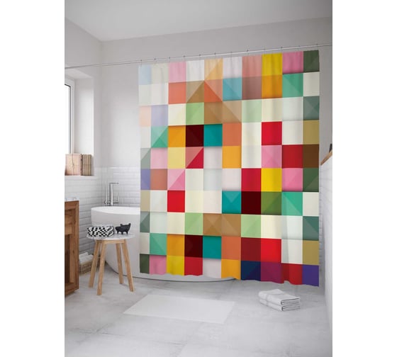 Штора (занавеска) для ванной JoyArty "Обманчивые клетки" из сатена, 180х200 см с крючками, sc_22237 1