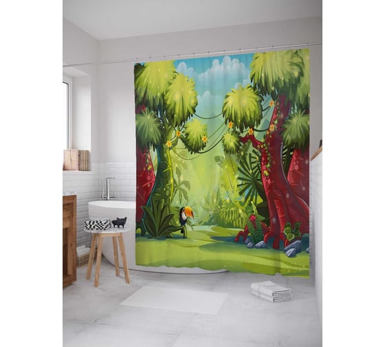Штора (занавеска) для ванной JoyArty "Тукан в тропиках" из сатена, 180х200 см с крючками, sc_18977 1