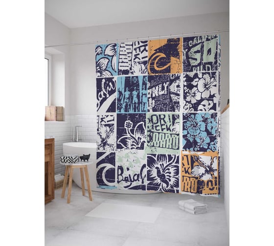 Штора (занавеска) для ванной JoyArty "Тропический креатив" из сатена, 180х200 см с крючками, sc_18856 1